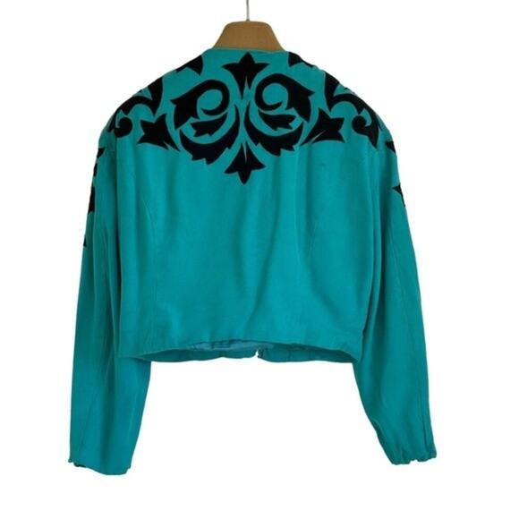 Vintage 1990s Cropped Jacket Shoulder Pads Western Teal Turquoise Dolly Parton M - Picture 2 of 11